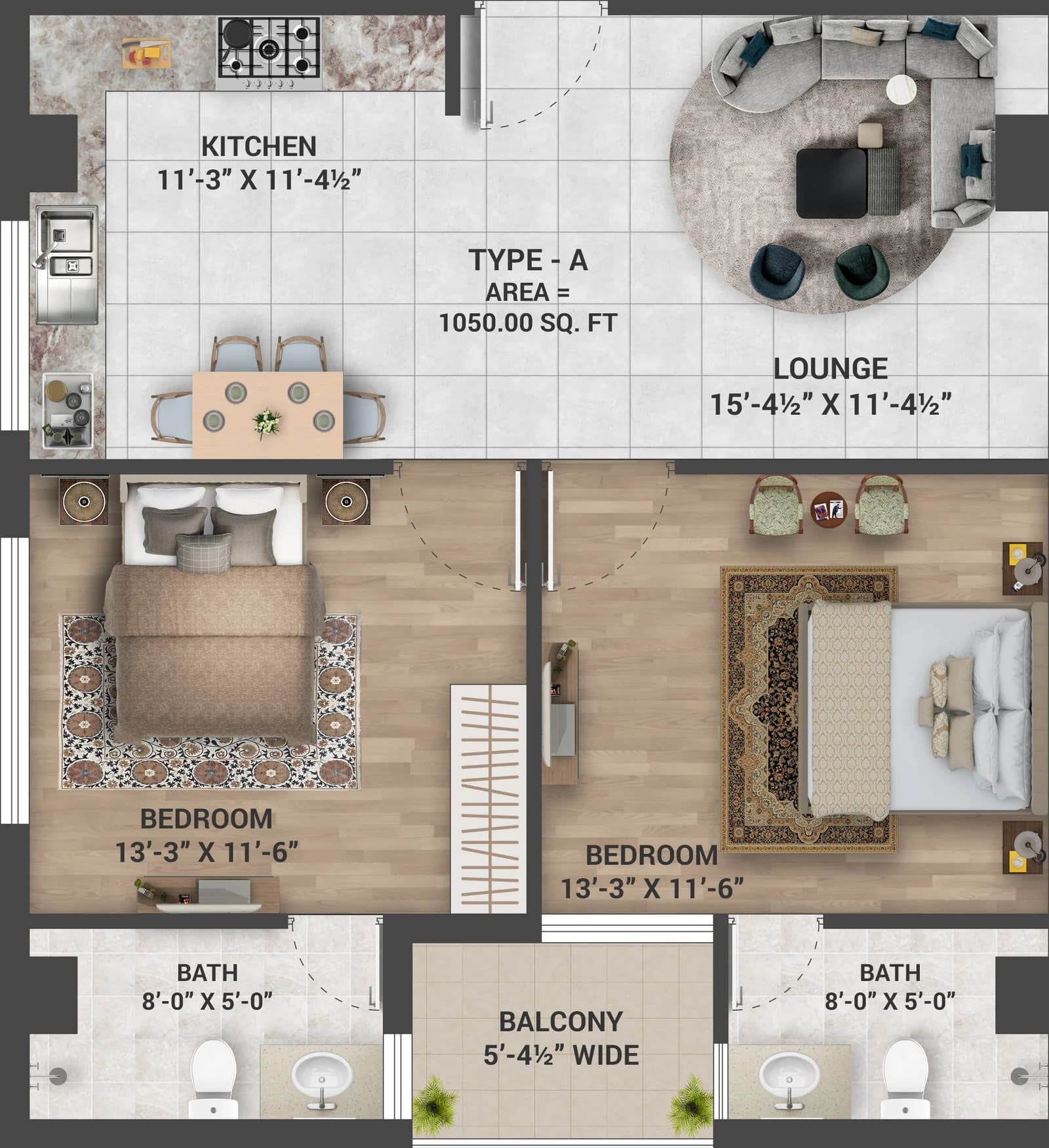 Skyra Tower Two Bedroom Type A floor plan, 1050 sq ft