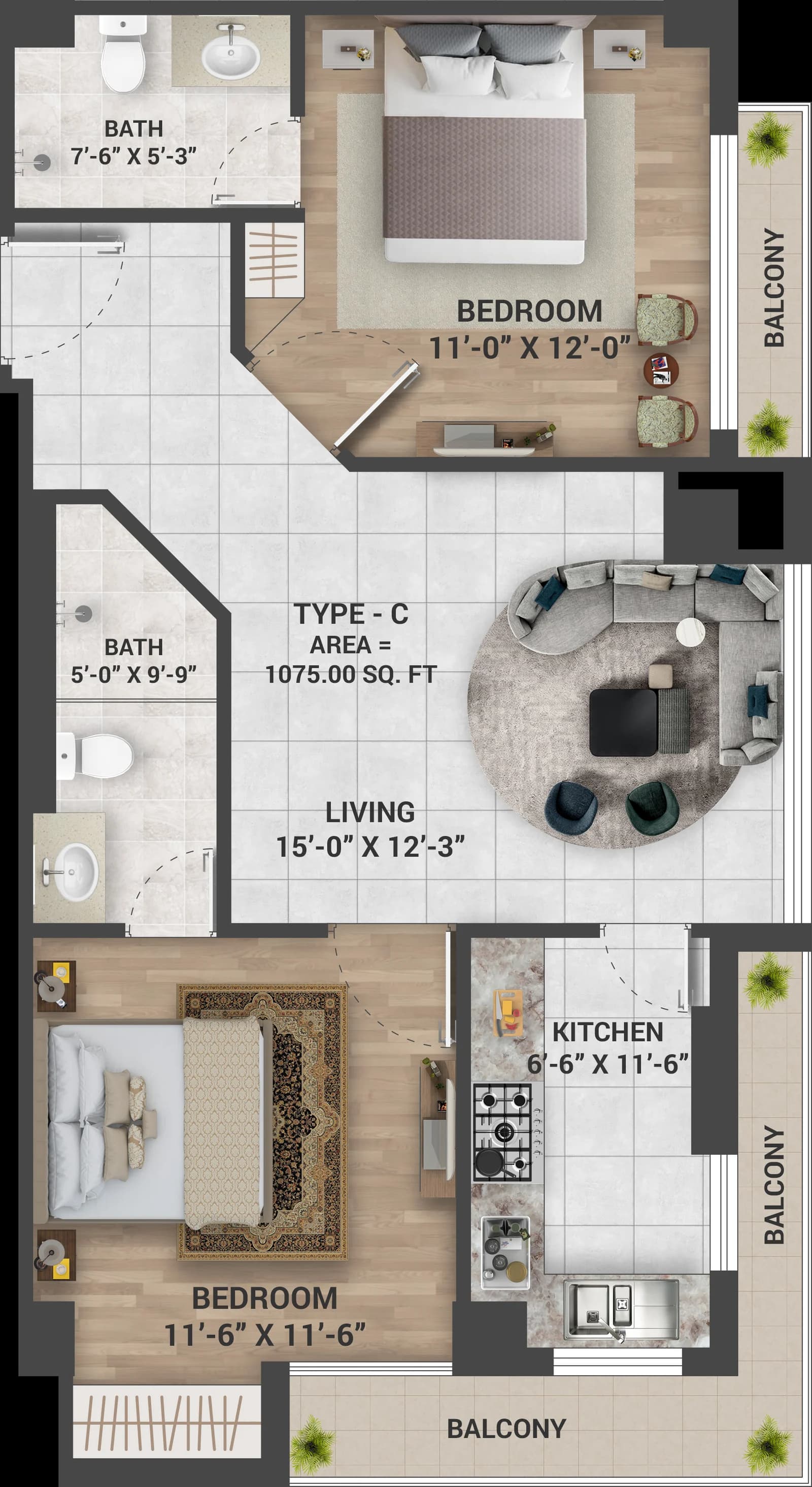 Skyra Tower Two Bedroom Type C floor plan, 1075 sq ft