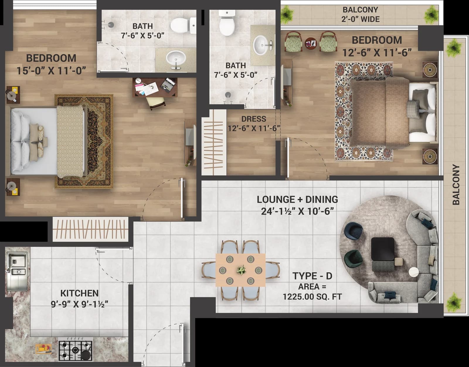Skyra Tower Two Bedroom Type D floor plan, 1225 sq ft
