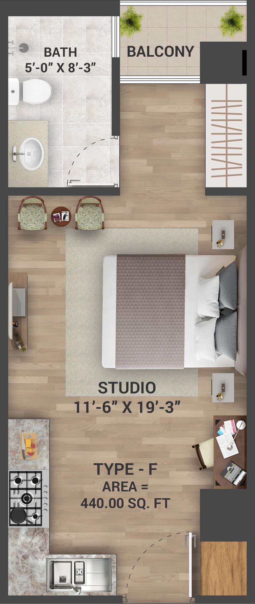 Skyra Tower Studio Type F floor plan, 440 sq ft