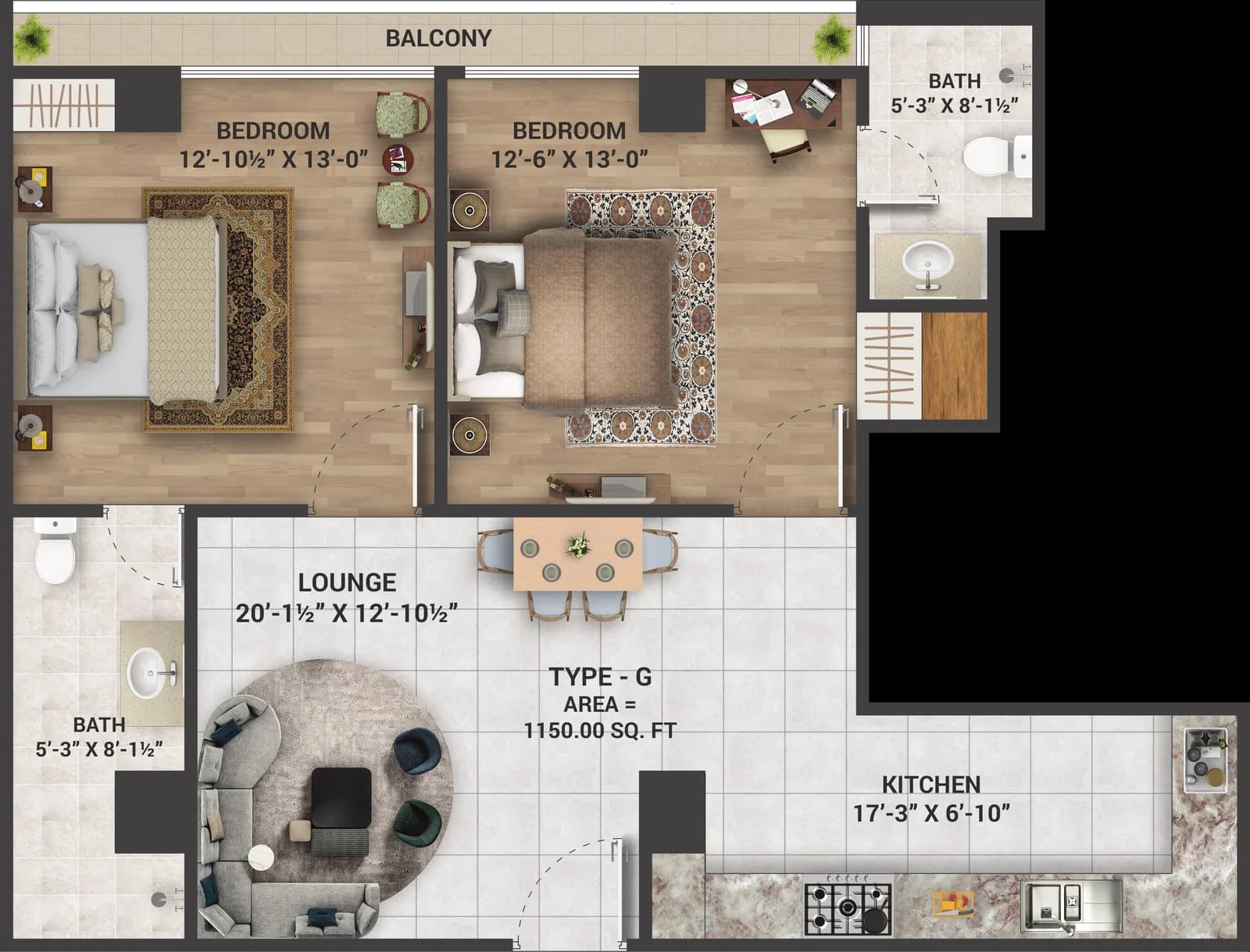 Skyra Tower Two Bedroom Type G floor plan, 1150 sq ft