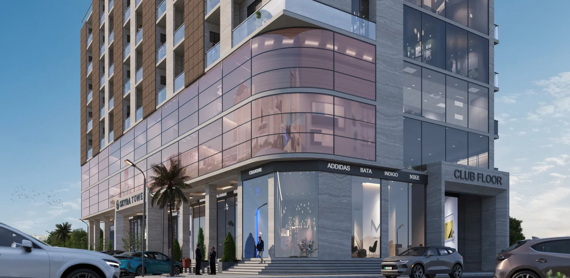 Street-level view of Skyra Tower’s showrooms in the Business District, Bahria Town Phase 8, Rawalpindi – artist’s impression