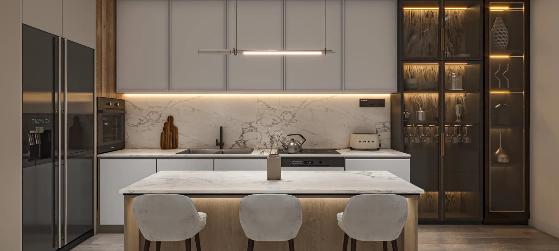 Kitchen of a one-bedroom apartment in Skyra Tower, Bahria Town Phase 8 – artist’s impression