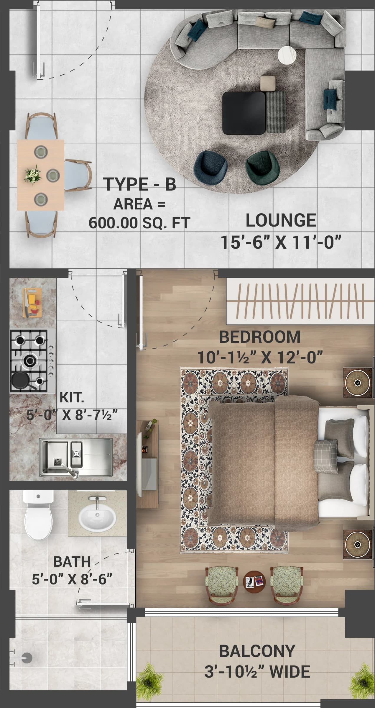 Skyra Tower One Bedroom Type B floor plan, 600 sq ft