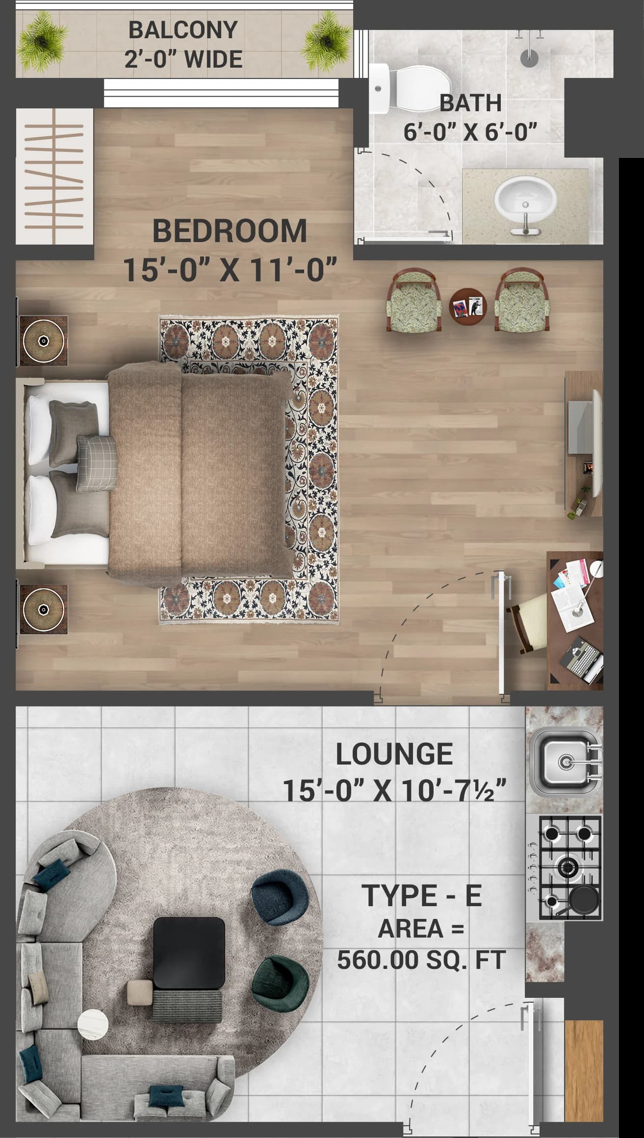 Skyra Tower Type E One Bedroom floor plan — 560 sq ft