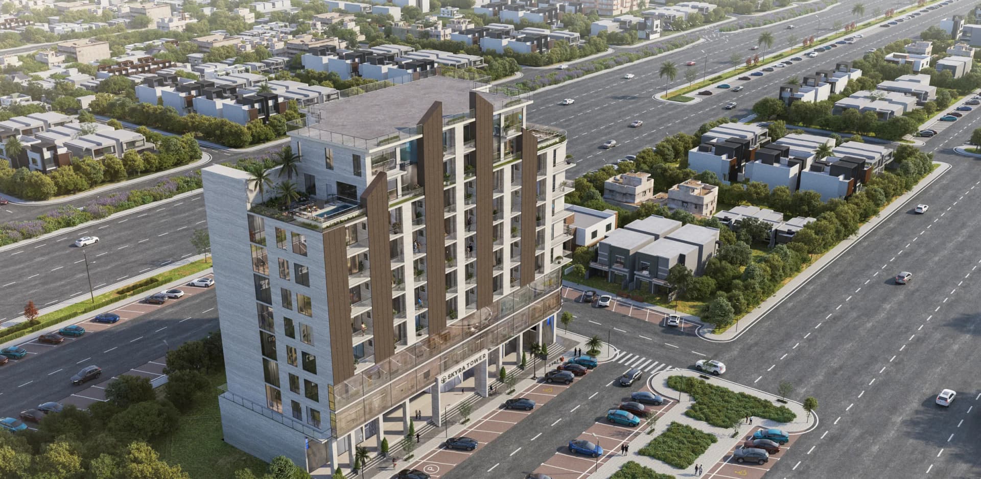 Aerial view of Skyra Tower and the Bahria Town Phase 8 Business District — artist’s impression