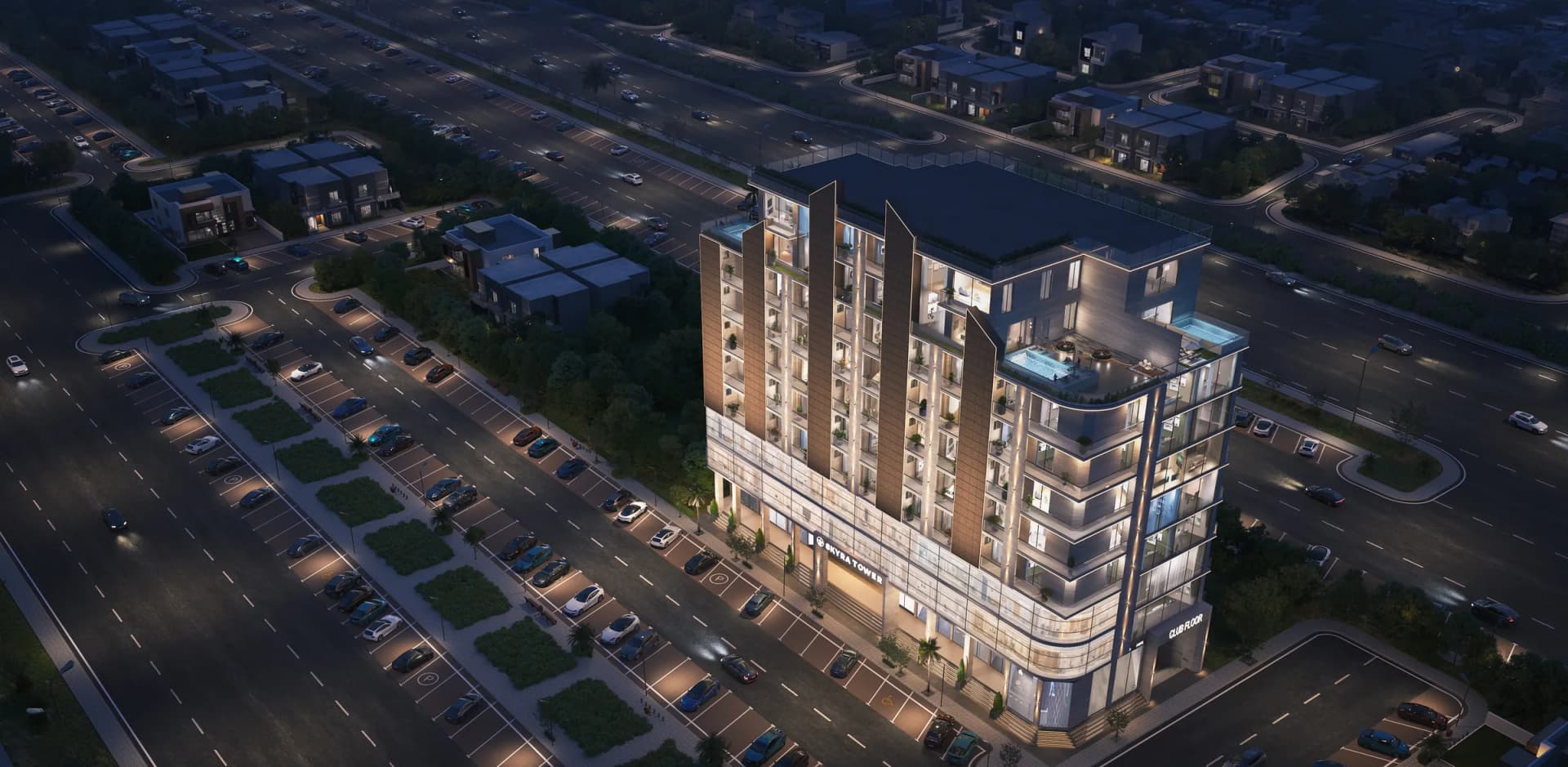 Artist’s impression of Skyra Tower from the air at night, Business District, Bahria Town Phase 8, Rawalpindi