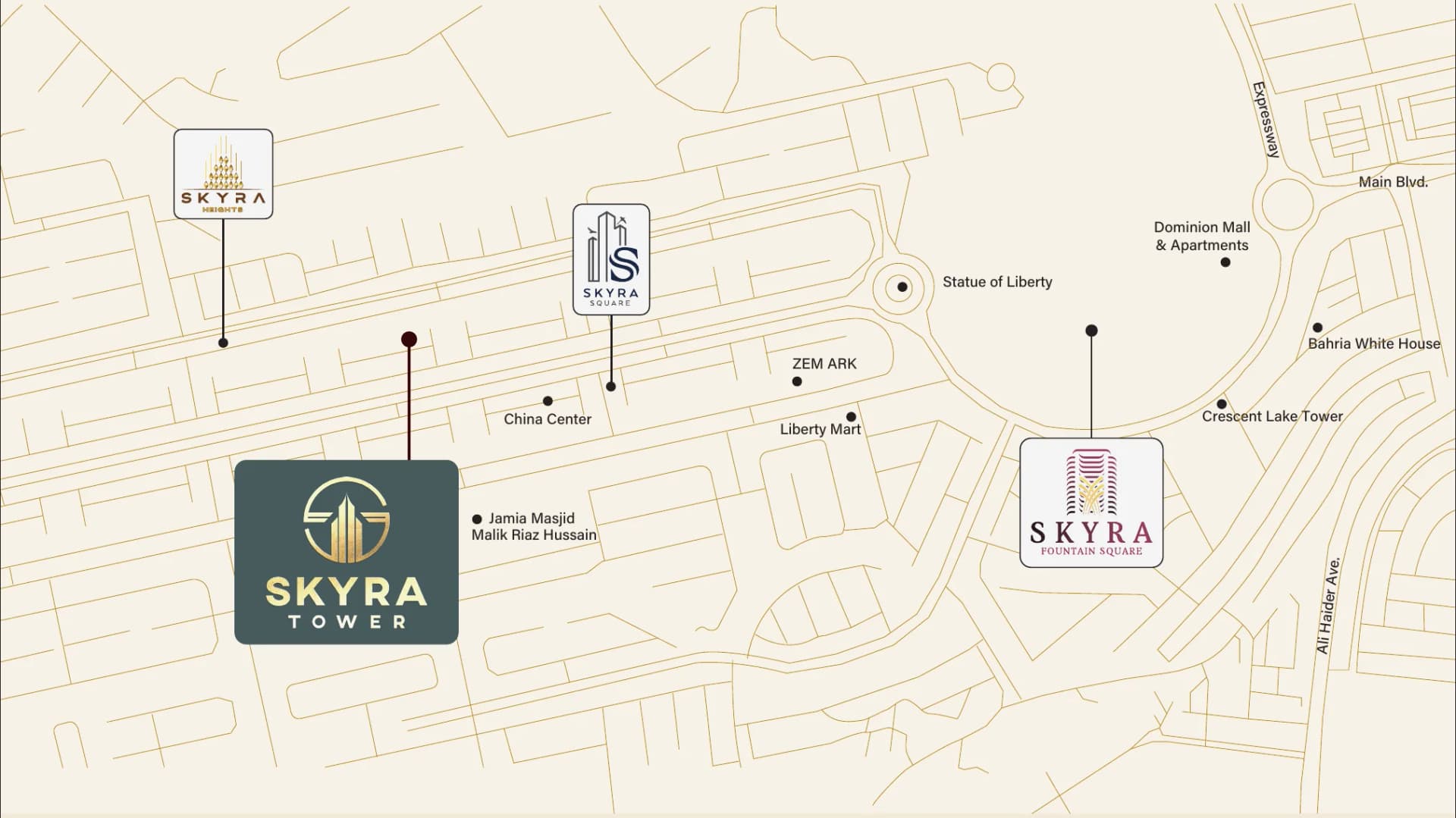 Brochure location map of Skyra Tower, Plot 656, Central Business District-South, Bahria Town Phase 8, Rawalpindi
