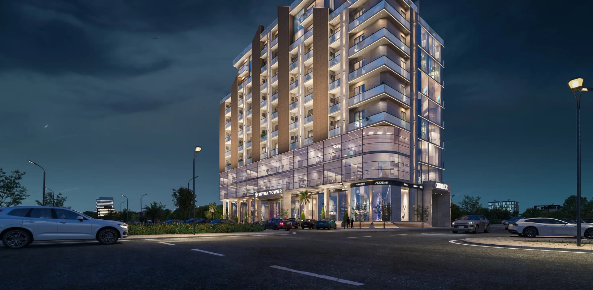 Skyra Tower in the Business District of Bahria Town Phase 8, Rawalpindi, lit at night – artist’s impression