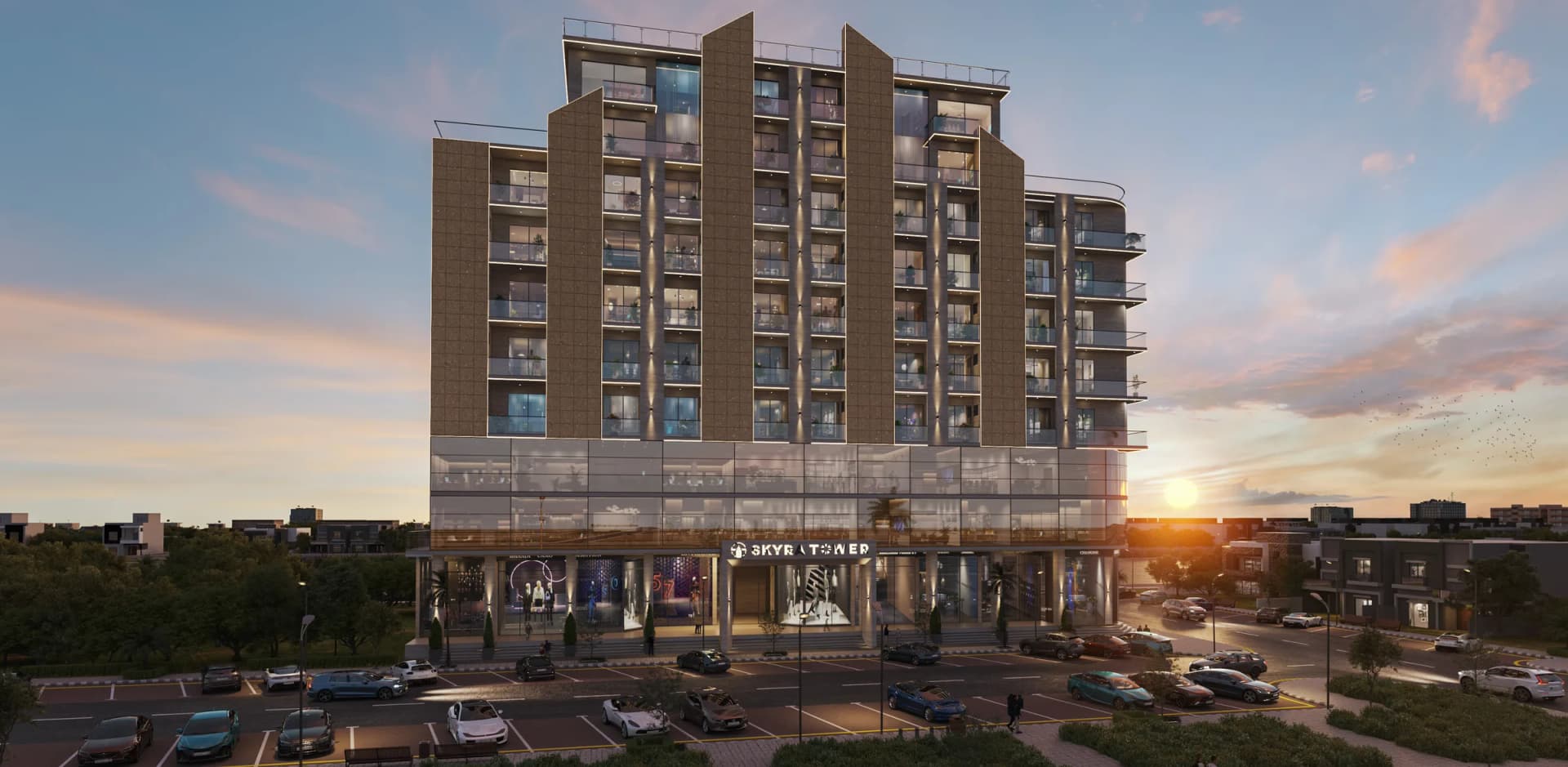Skyra Tower at sunset, Bahria Town Phase 8 — artist’s impression